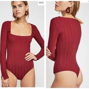 FREE PEOPLE Red Bodysuit Rayon Stretch Ribbed Square Neck Knit Size X-Small XS